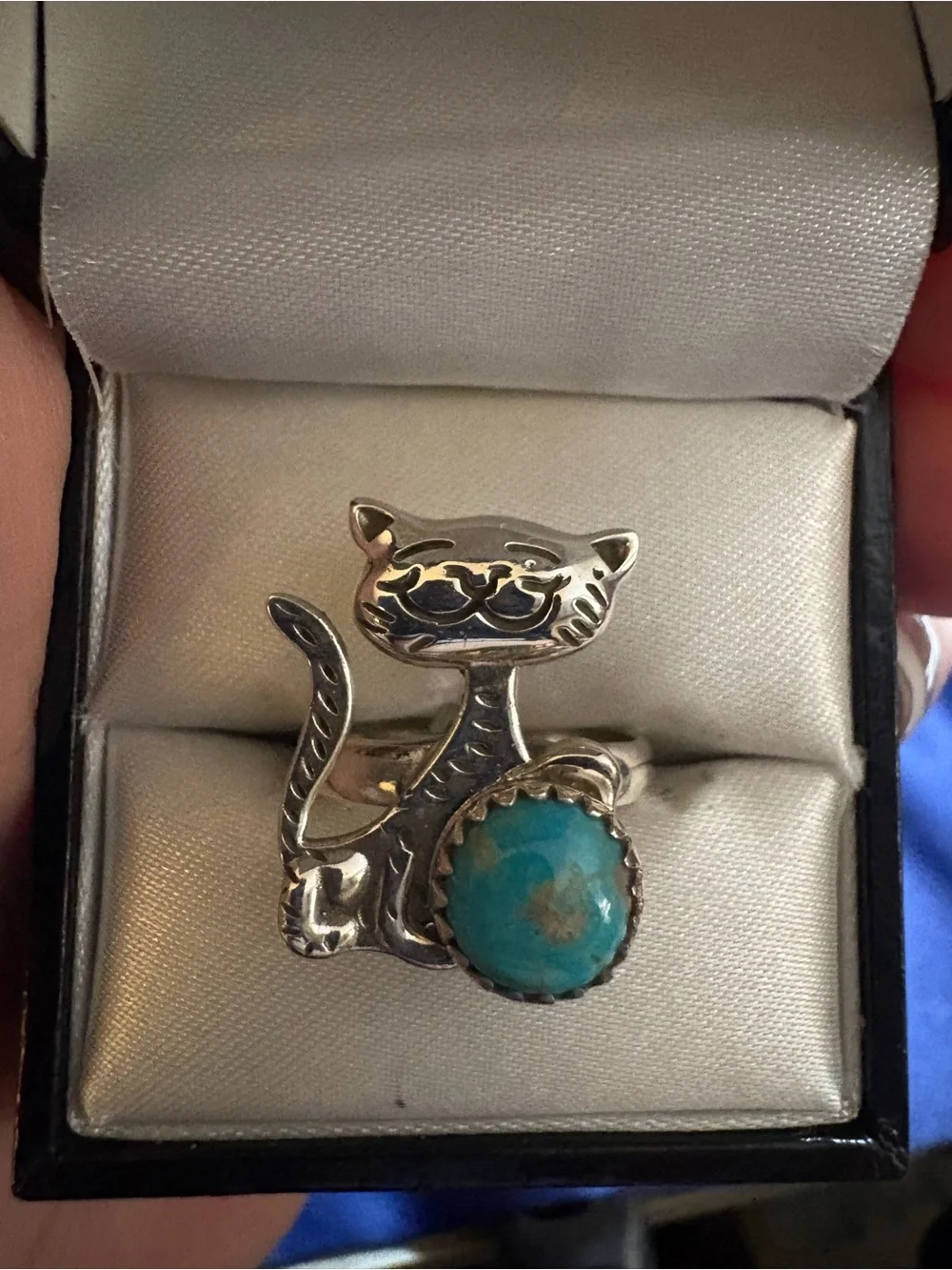 Ring Genuine Turquoise 925 Sterling Silver Cat Pet Animal